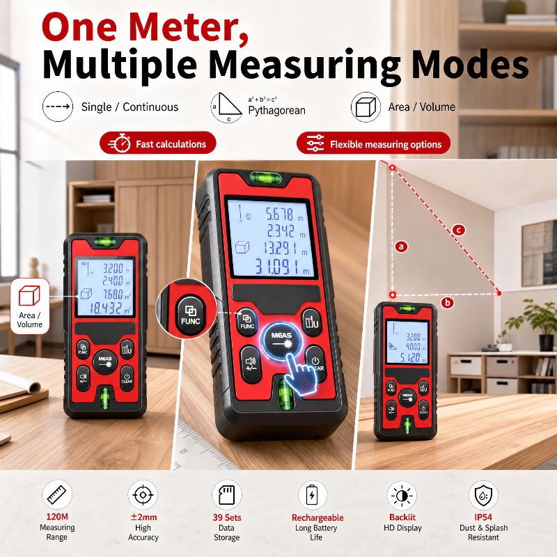 120M Laser Distance Meter USB‑ - Stud Finder With Laser Level 评论和价格